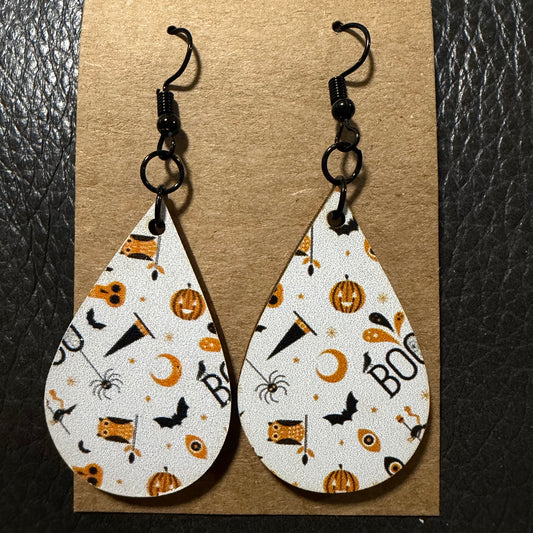 White Halloween UV printed earrings shown from another angle