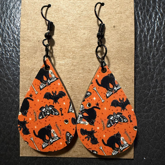 Black cats and bats UV printed earrings shown from another angle
