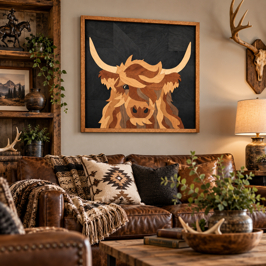 A framed wall art piece featuring a stylized Highland cow illustration in warm wood tones against a dark background, displayed above a brown leather sofa in a rustic living room setting.