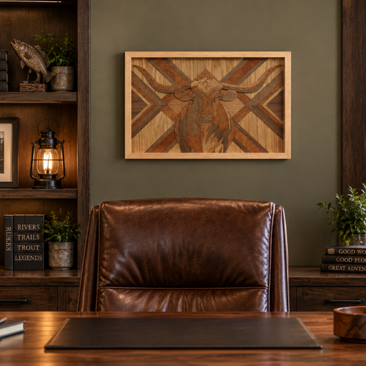 A framed wooden longhorn steer wall art piece displayed on a wall in a styled room setting.