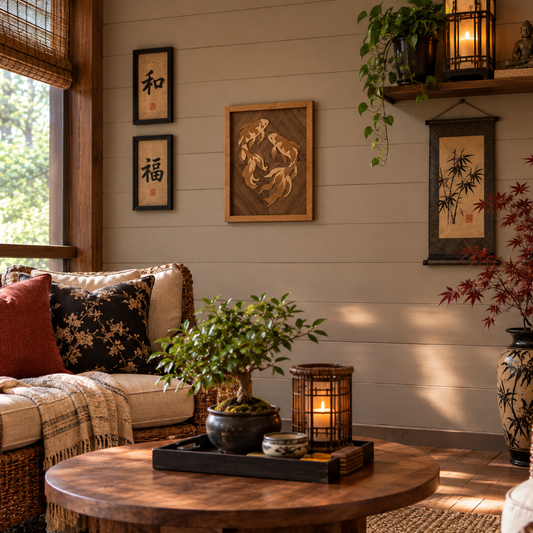 A styled interior corner with a round wooden coffee table, potted bonsai and red-leaf plants, hanging lanterns, framed wall art, and a wicker sofa against a beige shiplap wall.