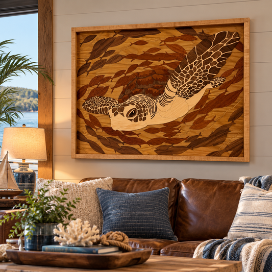 Large rectangular wooden wall art featuring a sea turtle swimming over layered fish patterns, displayed above a brown leather sofa in a styled living room with pillows, a lamp, and a window view.