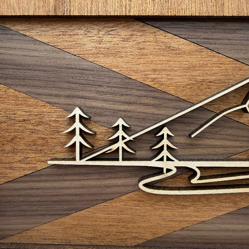 Lakehouse line art wood wall decor (close-up)