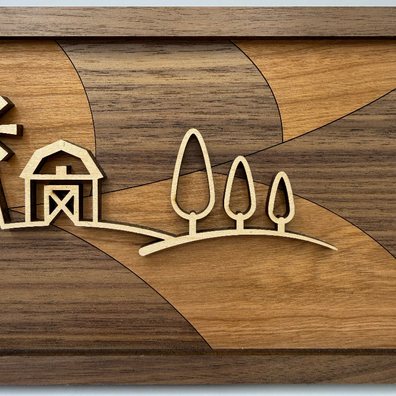 Farm line art wood wall decor (close-up)