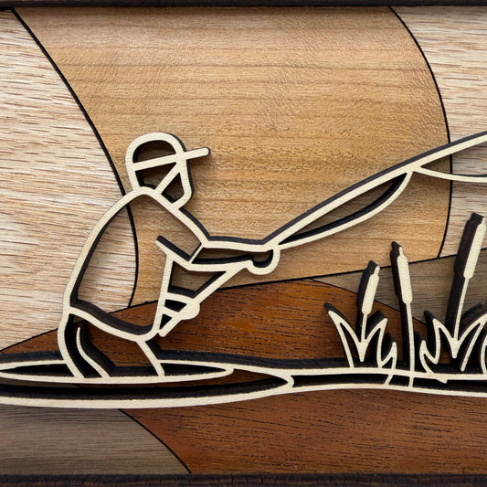 Fly Fishing line art wood wall decor (close-up)