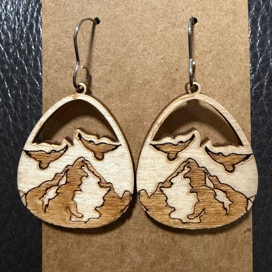 Teardrop mountain wood earrings shown from another angle