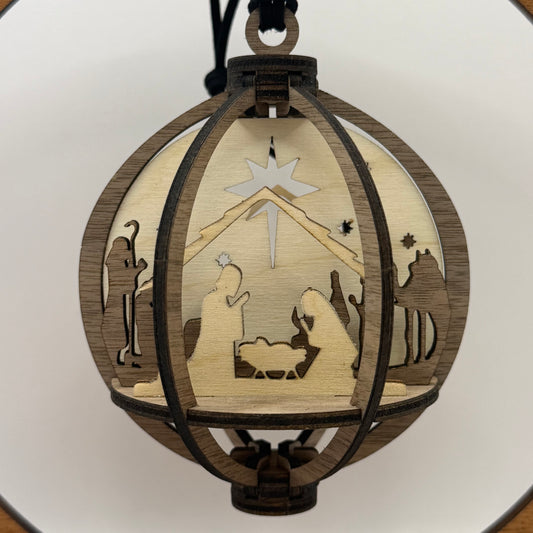 Close-up of the 3D Nativity wood ornament