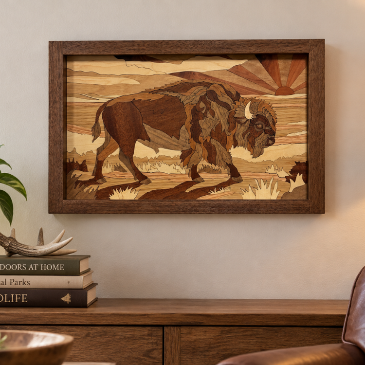 Bison Small handcrafted wood wall art displayed above a console table in a styled living room
