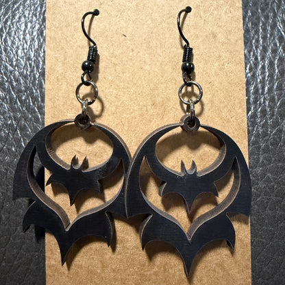 Small bat Halloween earrings shown from another angle