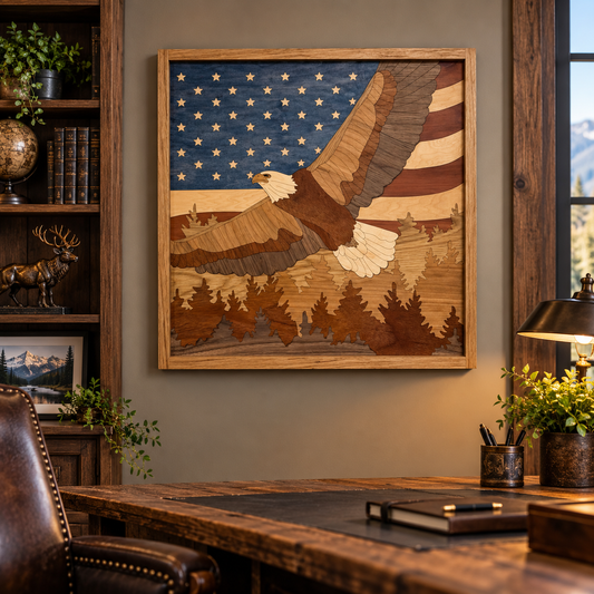 A framed wooden wall art piece featuring an eagle layered over an American flag and forest design, displayed in a rustic home office setting above a wooden desk.