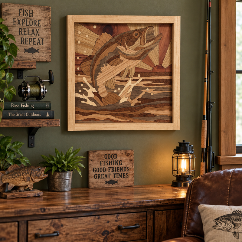A framed wooden inlay art piece depicting a largemouth bass jumping from water, displayed on a dark olive green wall above a rustic wooden console table in a styled room setting.