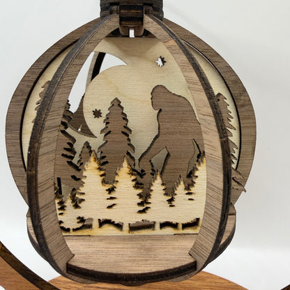 Close-up of the 3D Bigfoot Trees wood ornament