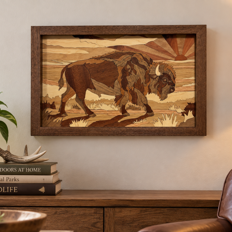 A framed wooden bison wall art piece hangs on a beige wall above a wooden console table in a styled living room setting with a lamp, books, and a plant.