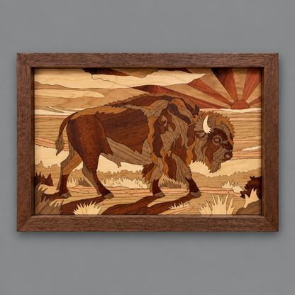 A framed wooden inlay artwork depicting a bison in a prairie landscape with a rising sun, shown against a solid gray background.