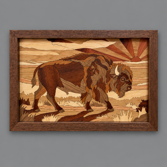 A framed wooden inlay artwork depicting a bison in a prairie landscape with a rising sun, shown against a solid gray background.