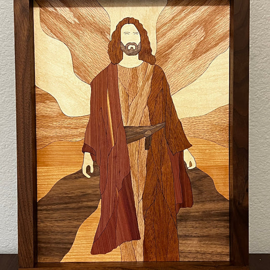 Handcrafted wood art depicting Jesus walking, formed entirely from natural wood grain, 14x11 inches, framed in walnut