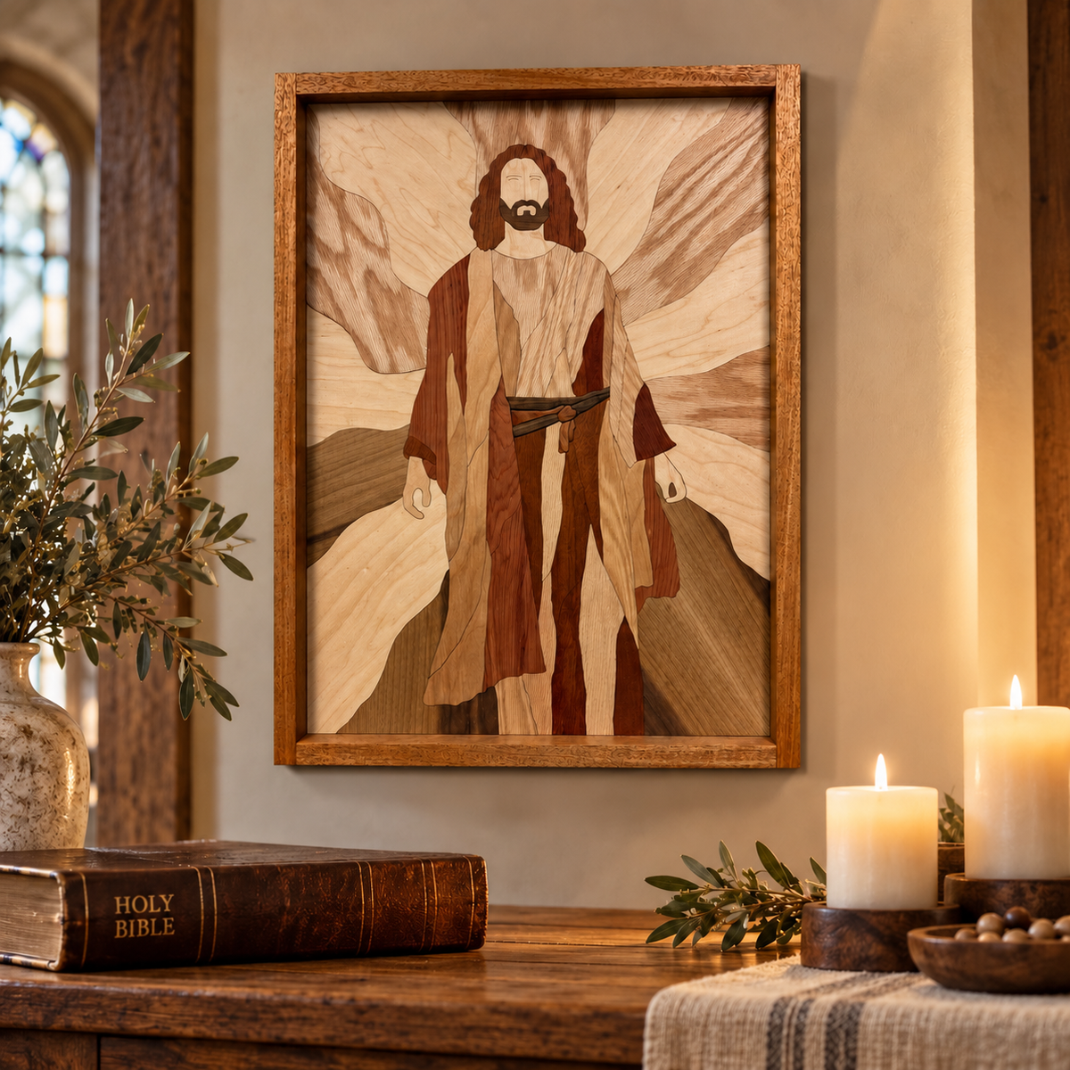 A framed wooden art piece depicting Jesus Christ in a detailed wood inlay design, hanging on a warm beige wall above a rustic wooden table decorated with a Holy Bible, candles, and greenery.