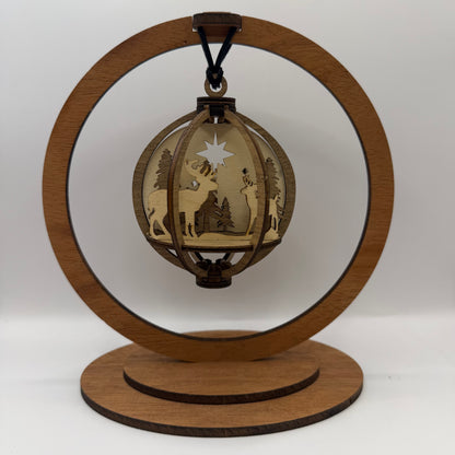 3D Deer wood ornament shown in a display stand