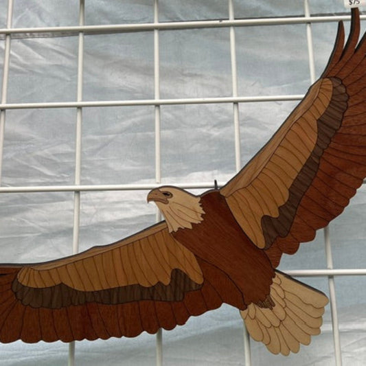 Wooden cutout of an eagle against a glass window background