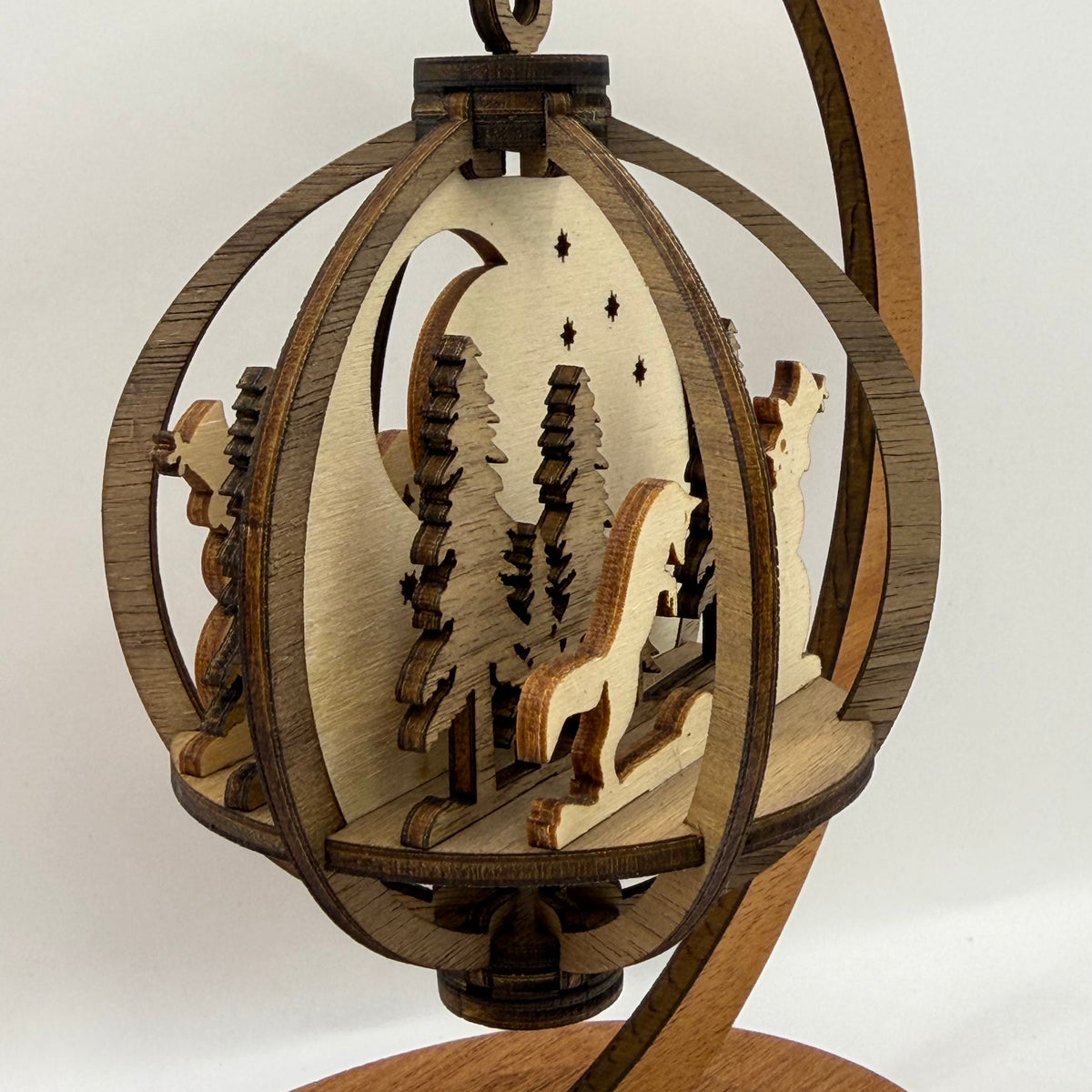 Detail view of the 3D Fox wood ornament design