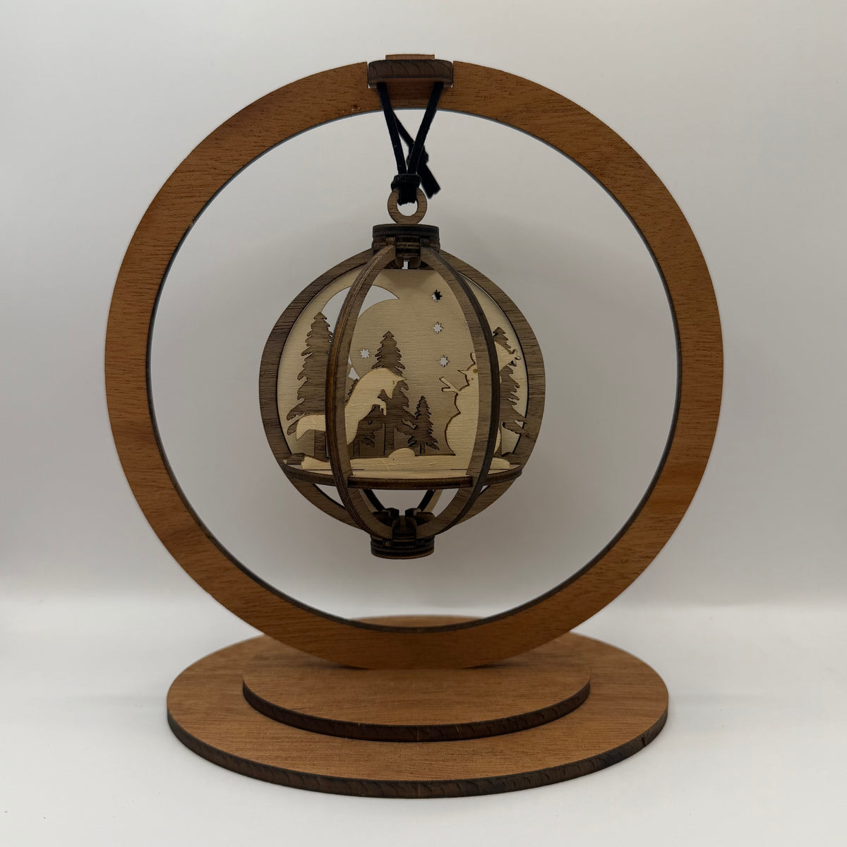 3D Fox wood ornament shown in a display stand