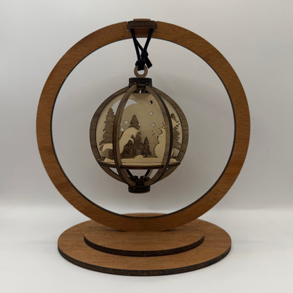 3D Fox wood ornament shown in a display stand
