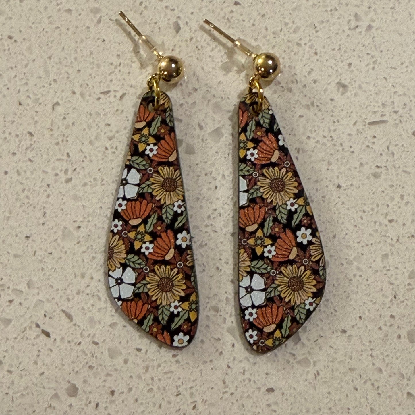 Sunflower printed acrylic earrings in elongated shape