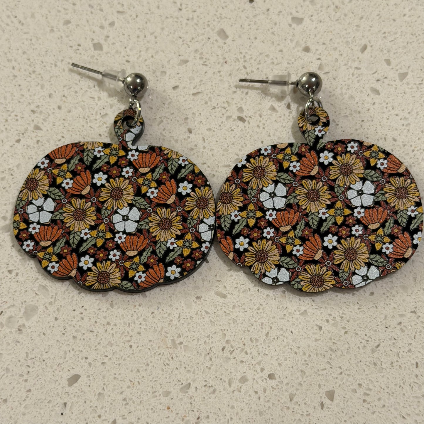 Sunflower printed acrylic earrings in pumpkin shape