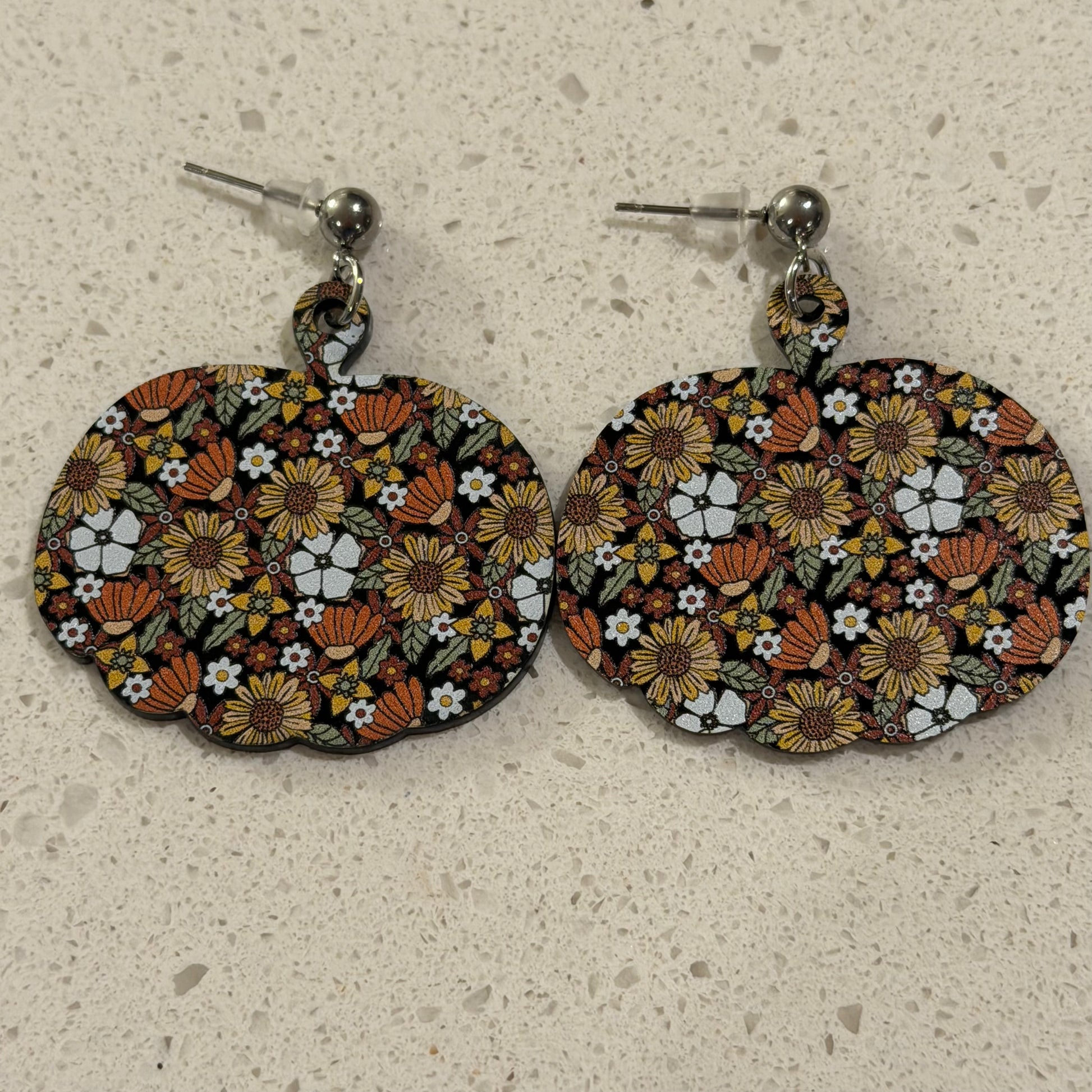 Sunflower printed acrylic earrings in pumpkin shape