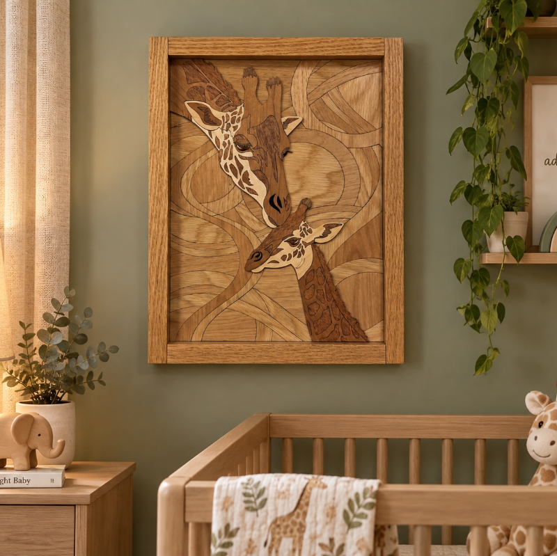A framed wooden giraffe artwork hangs on a sage green wall above a wooden crib in a styled nursery. The artwork features two giraffes in layered inlay wood tones, and the room includes a lamp, shelf, hanging plant, and a giraffe plush toy.