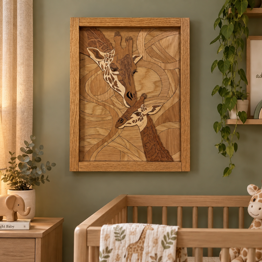A framed wooden giraffe artwork hangs on a sage green wall above a wooden crib in a styled nursery. The artwork features two giraffes in layered inlay wood tones, and the room includes a lamp, shelf, hanging plant, and a giraffe plush toy.