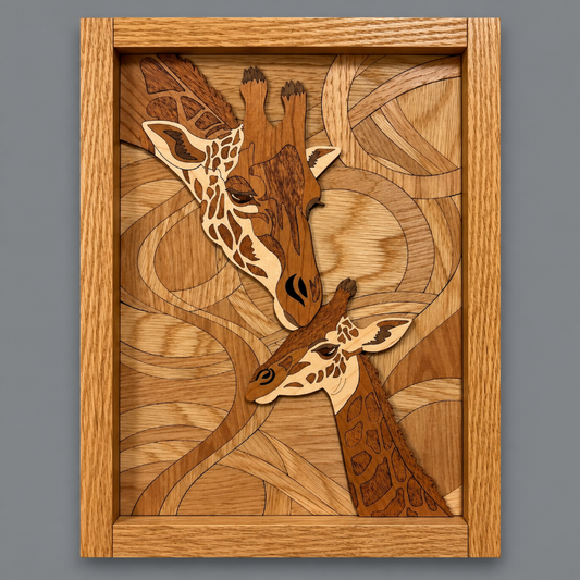 A rectangular framed wooden art piece featuring two laser-cut giraffe figures layered over abstract leaf-like wood inlays, shown against a plain gray background.