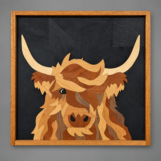 A square framed wood inlay artwork depicting a Highland cow head with long curved horns, set against a dark wood background. The piece is mounted in a light oak frame and photographed against a neutral gray wall.