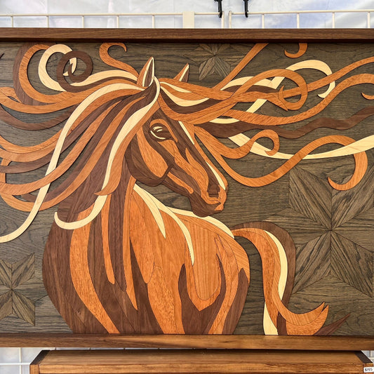 "Fabio" handmade horse wall art in motion, 36x24 inches, crafted from walnut, mahogany, maple, cherry, and charcoal-stained oak
