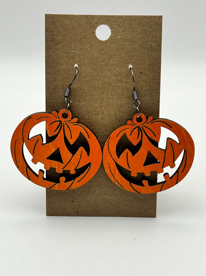 Orange laser-cut wood jack-o'-lantern earrings