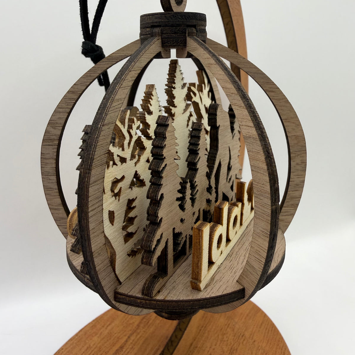 Detail view of the 3D Bigfoot Idaho wood ornament design