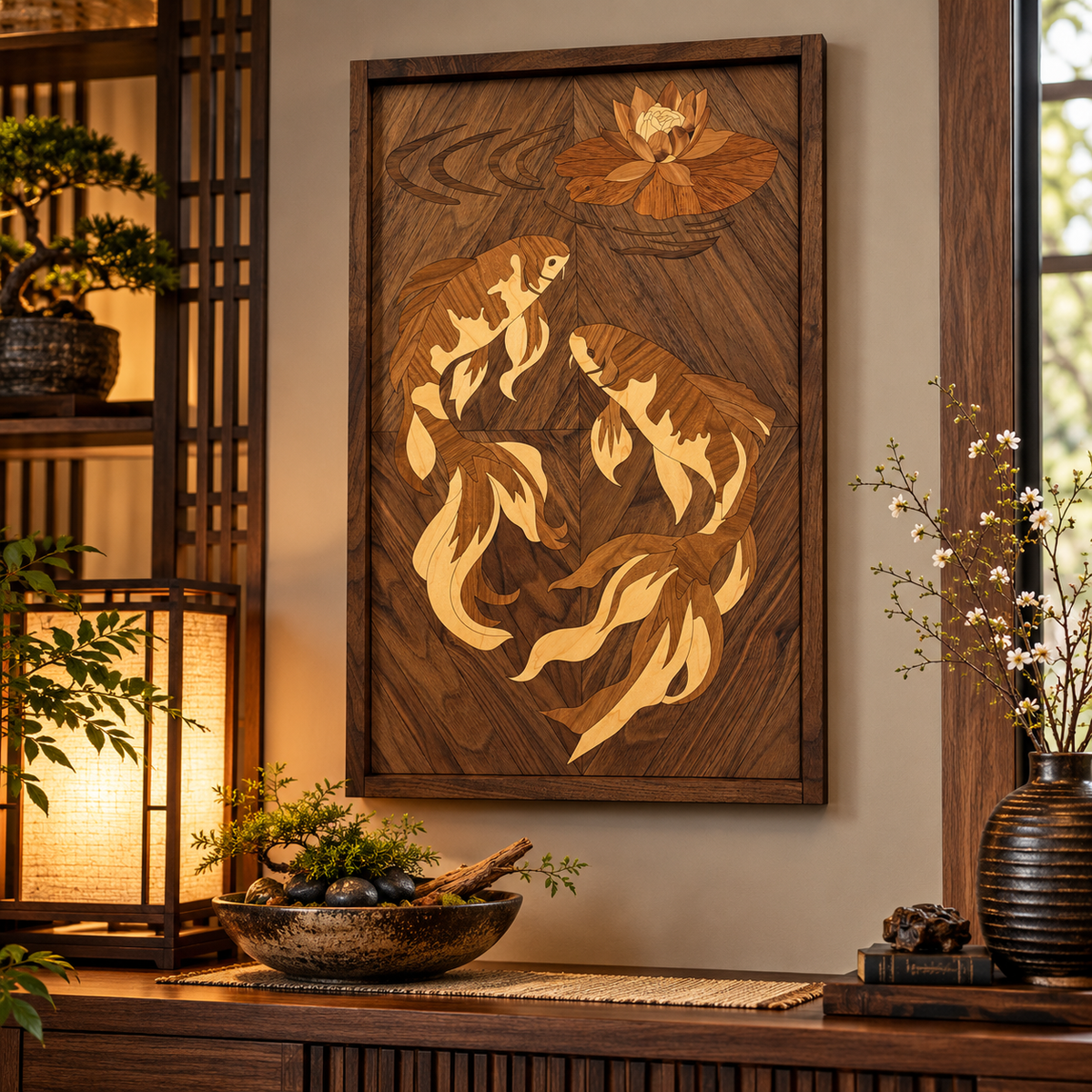 A rectangular wooden wall art piece featuring an inlaid fish pattern in warm tan and medium brown tones, displayed on a dark wood console table in a styled interior setting with lanterns, plants, and decorative vases.