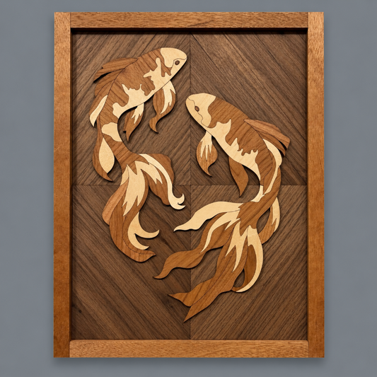 A framed wooden inlay artwork featuring two stylized koi fish crafted from natural wood tones, shown against a solid gray background.