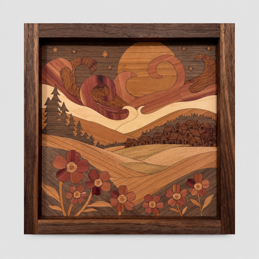 Little Houses wood inlay wall art of a small village tucked into the hills, in a solid walnut frame