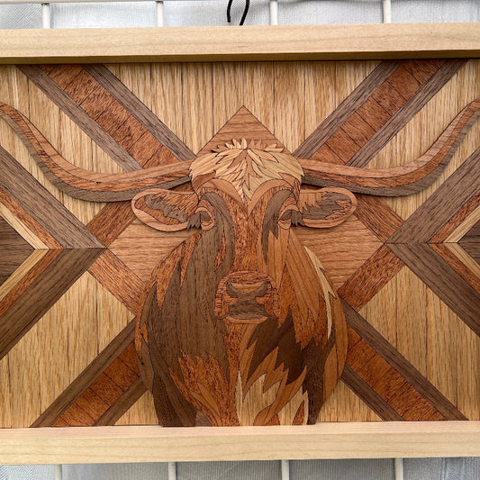 A handmade rectangular wooden wall art piece featuring a carved longhorn steer or bull head in layered wood tones, mounted against a light gray paneled wall.