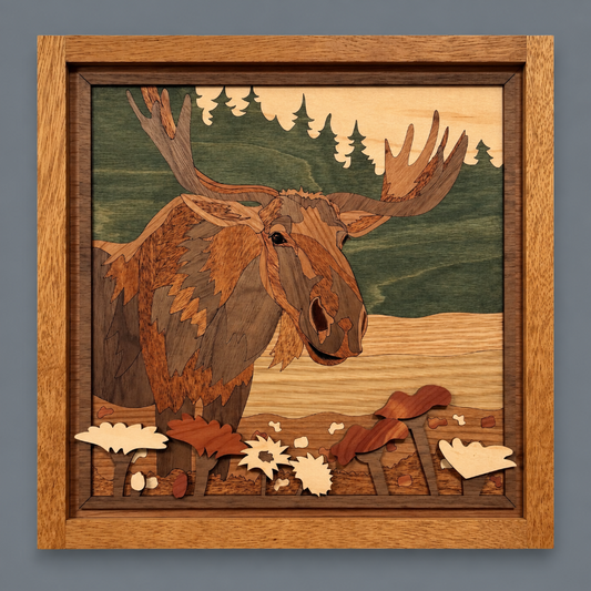 A square wooden inlay artwork depicting a moose in a forest with wildflowers, presented in a natural wood frame against a solid gray background.