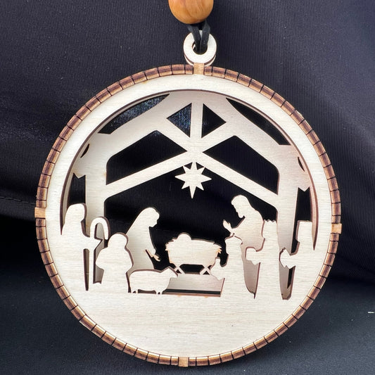 Baltic birch flex ornament featuring a nativity design, handmade in Wellsville, UT