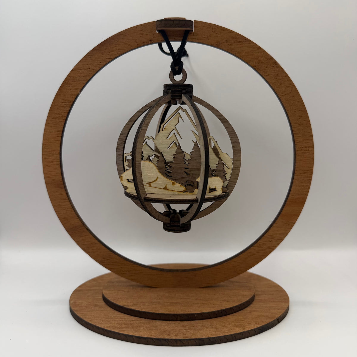 3D Polar Bear wood ornament shown in a display stand