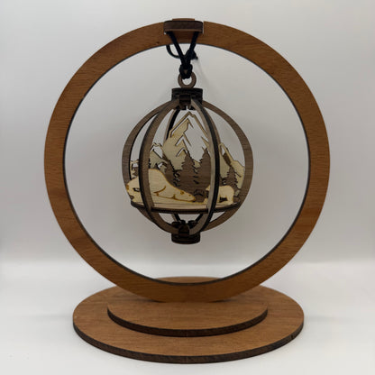 3D Polar Bear wood ornament shown in a display stand