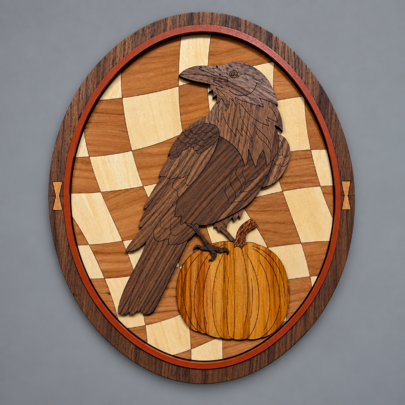 An oval wooden wall plaque featuring a laser cut raven perched on a pumpkin, set against a checkered wood background with a dark wood border.