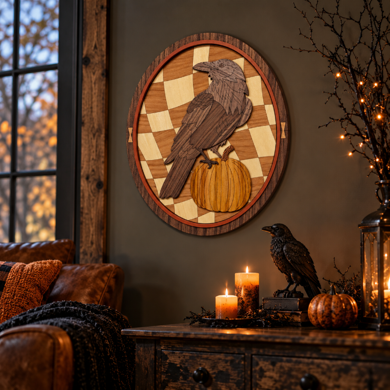 Round wooden wall decor featuring a carved raven perched on a pumpkin over a checkerboard background, displayed in a rustic living room setting above a console table with candles and a small pumpkin.