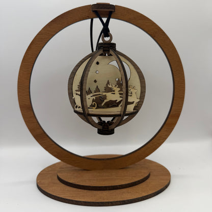 3D Santa wood ornament shown in a display stand