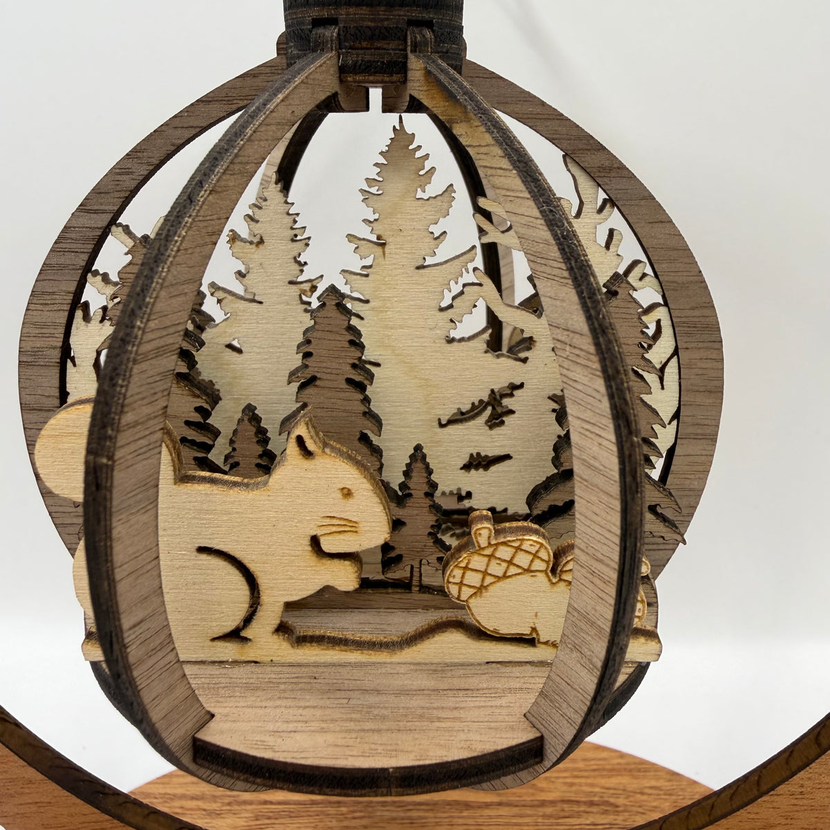 Close-up of the 3D Squirrel wood ornament
