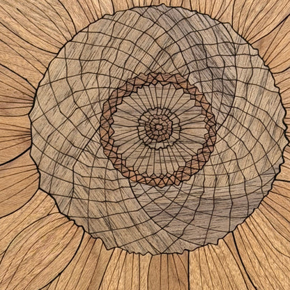 Close-up of a wooden sunflower inlay artwork showing detailed wood grain and layered petal design.