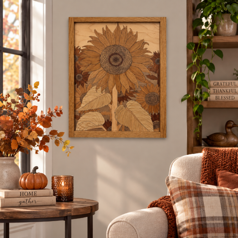 A framed wooden sunflower wall art piece hanging on a wall in a styled room setting.